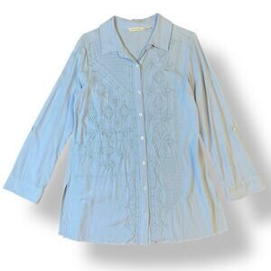 Soft Surroundings Button‎ Front Embroidered Shirt Womens Size S Blue Boho